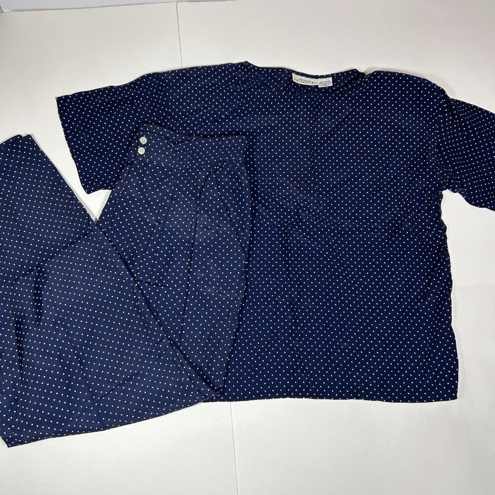 Vtg Point of View Collection Women 2pc Set Polka Dot Blue Blouse & Pants Sz M